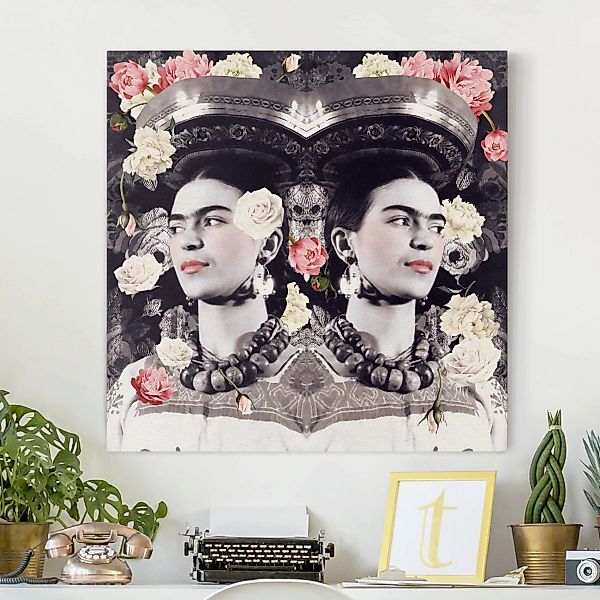 Leinwandbild Kunstdruck - Quadrat Frida Kahlo - Blumenflut günstig online kaufen