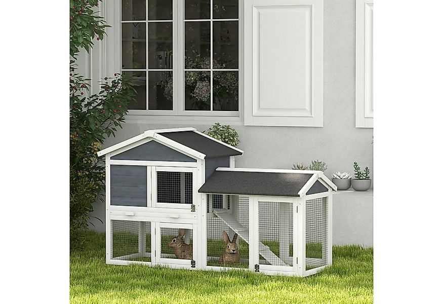 PawHut Kleintierstall Kaninchenstall 2 Etagen aus Tannenholz, mit Freilaufg günstig online kaufen