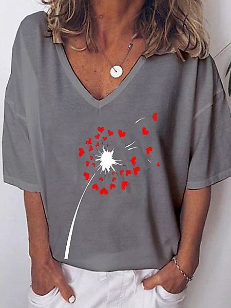 Hearts Flower Print Halbarm Casual T-Shirt für Damen günstig online kaufen