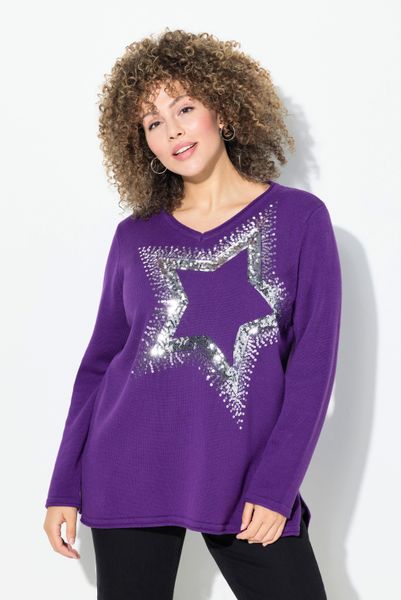 Ulla Popken Strickpullover Pullover Pailletten-Stern V-Ausschnitt günstig online kaufen