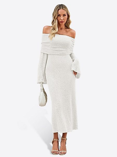 Imily Bela Strandkleid Damen Schulterfrei Strick Maxi Trompetenärmel Sexy B günstig online kaufen
