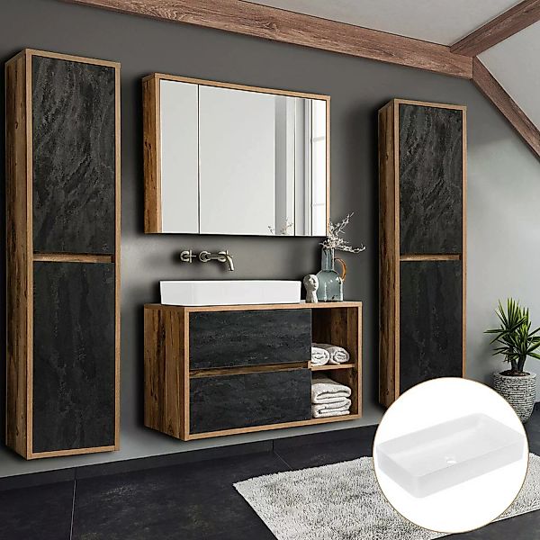 Badezimmermöbel Set HARLOW-56 mit Keramik-Waschtisch Eiche mit Beton-Dunkel günstig online kaufen