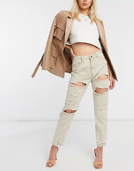 Missguided – Mom-Jeans in Stone mit betonten Zierrissen-Neutral günstig online kaufen