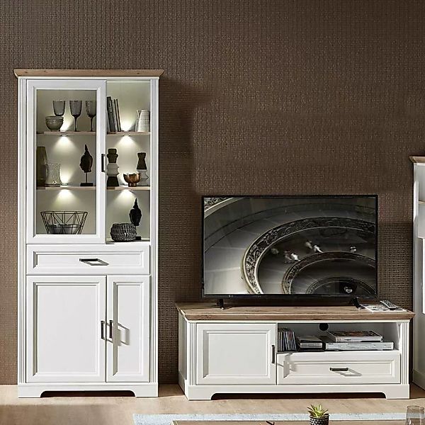 Fernseher Schrankwand in Weiß und Eiche Dekor LED Beleuchtung (zweiteilig) günstig online kaufen