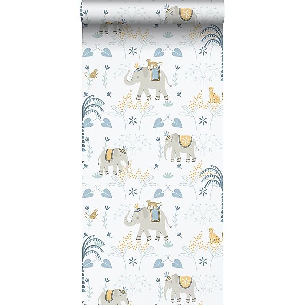 Sanders & Sanders Tapete Elefanten Blau Grau und Weiß 53 cm x 10.05 m günstig online kaufen