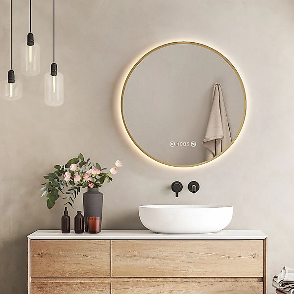 Emke Rund LED Badspiegel 60 cm Spiegel mit Beleuchtung Gebürstetem Goldrahm günstig online kaufen