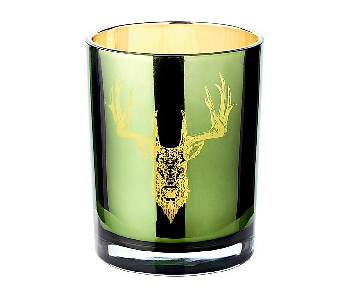 EDZARD Windlicht Ted, Glas, Hirsch-Motiv, grün und gold, H 13 cm, Ø 10 cm günstig online kaufen