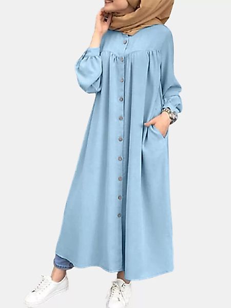 Lässiger einfarbiger Rundhalsknopf Plus Größe Kleid mit Taschen günstig online kaufen