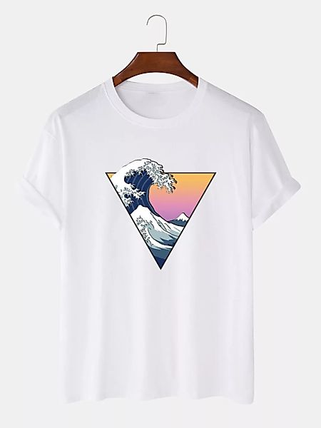 Herren 100% Baumwolle Grafik Ocean Wave Printed Casual Kurzarm T-Shirts günstig online kaufen