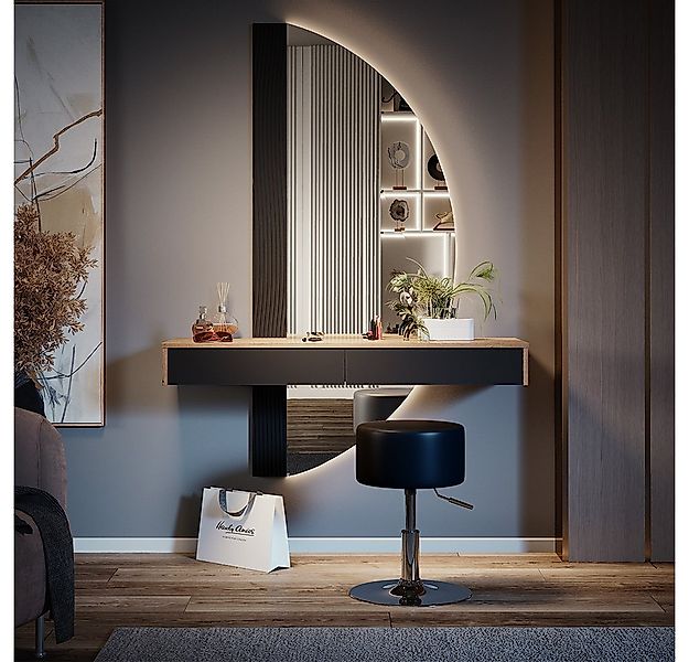 Vicco Schminktisch Melisa, Eiche/Schwarz, 120 cm mit Beleuchtung und Hocker günstig online kaufen