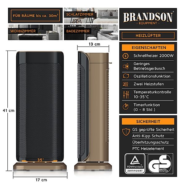 Brandson Heizlüfter, 2000 W, Oszillation, Timer, günstig online kaufen