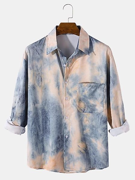 Herren Tie-Dye Print Revers Kragen Lässig Langarm Shirts Mit Tasche günstig online kaufen