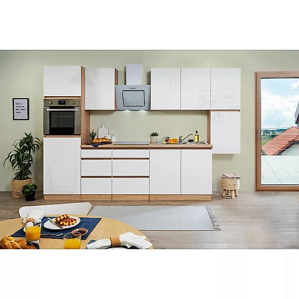 Respekta Küchenzeile GLRP320HESW Grifflos 320 cm Weiß Hochglanz-Sonoma Eich günstig online kaufen