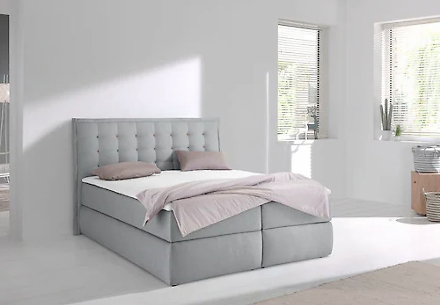 INOSIGN Boxspringbett "Sagres", Kopfteil mit 2farbiger Flatterbiese und zwe günstig online kaufen