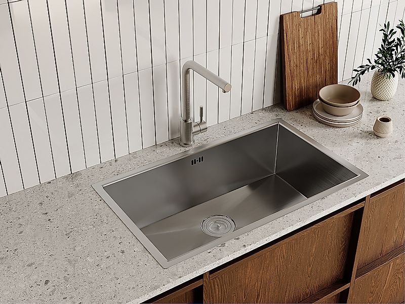 Set Spülbecken 76 x 45 cm SOELA + Armatur ROFILA aus Edelstahl - Grau günstig online kaufen