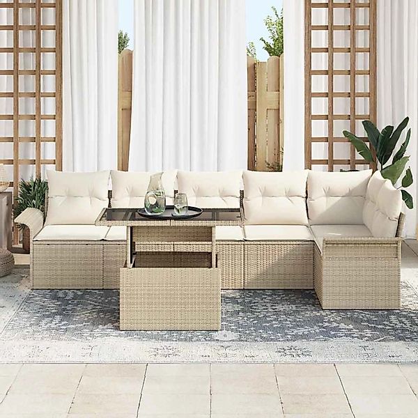 vidaXL 7-Teiliges Garten-Sofa-Set mit Kissen Beige Poly Rattan 3348297 günstig online kaufen