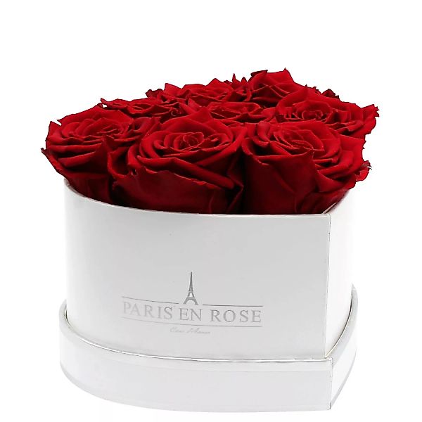 Rosenbox Herz Weiß-Silber mit 8 Bordeaux Rosen günstig online kaufen