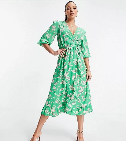 New Look Tall – Midi-Wickelkleid mit Blumenmuster in Grün günstig online kaufen
