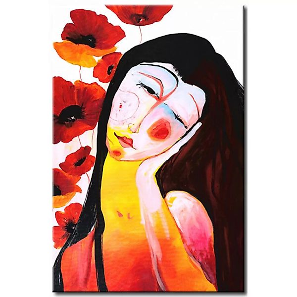 Bild auf Leinwand Blumige Träumerin - farbenfrohes Frauenporträt mit Mohnbl günstig online kaufen