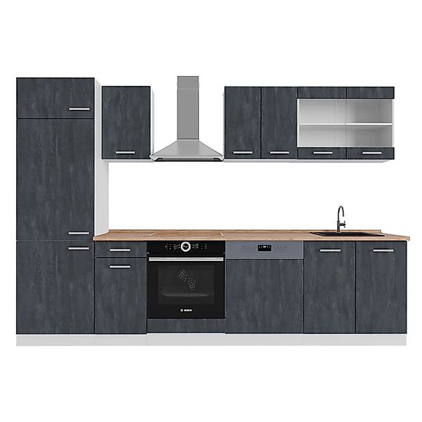 Vicco R-Line KomplettKüche Schwarz Beton/Weiß 300 cm AP Eiche günstig online kaufen