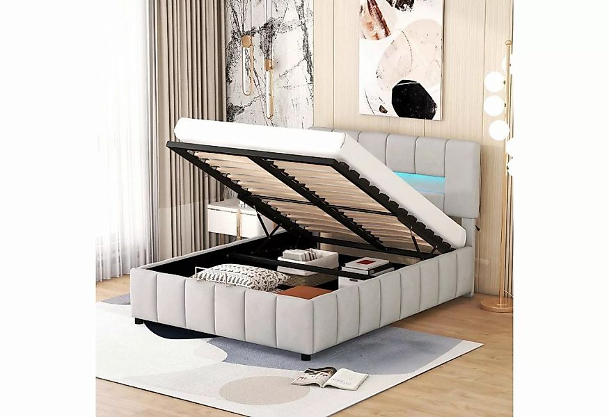 Merax Polsterbett mit LED und Lattenrost, Doppelbett 140x200 cm mit Samtbez günstig online kaufen