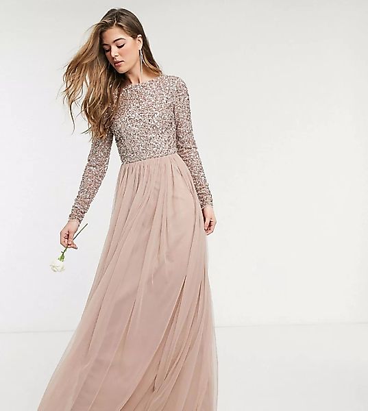 Maya Tall – Bridesmaid – Langärmliges Maxi-Tüllkleid mit V-Ausschnitt hinte günstig online kaufen