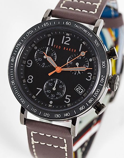Ted Baker – Armbanduhr mit Armband aus Narbenleder in Grau und Schwarz günstig online kaufen