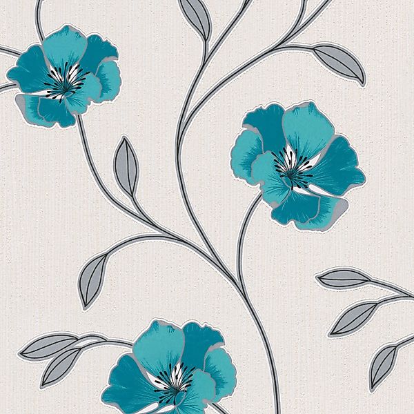 Bricoflor Papier Blumentapete Florale Tapete in Türkis Weiß Silber für Wohn günstig online kaufen