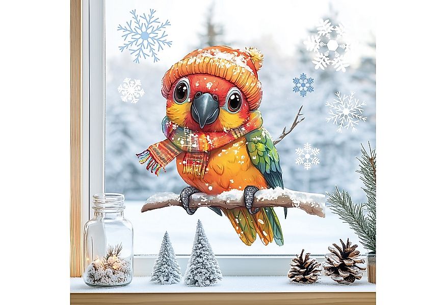 Sunnywall Fensterdekoration Kinderzimmer Fensterbild Winter Papagei mit Müt günstig online kaufen
