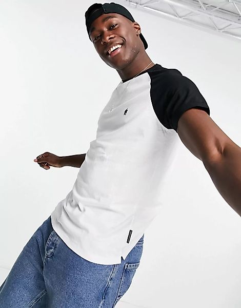French Connection – T-Shirt in Weiß und Schwarz mit Raglanärmeln günstig online kaufen