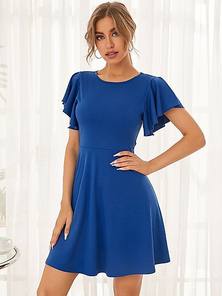 YOINS Blaues Minikleid mit Rundhalsausschnitt und Rüschenärmeln günstig online kaufen
