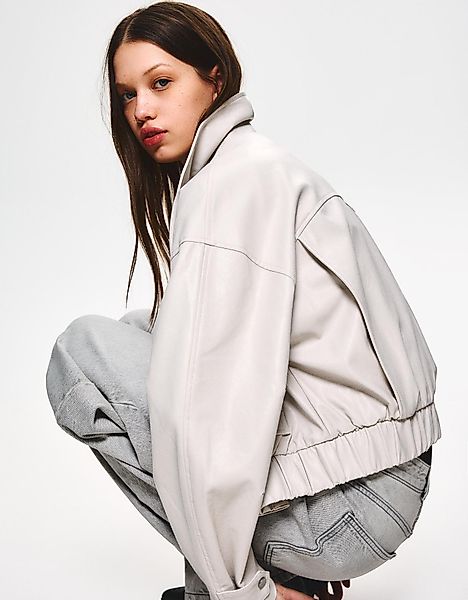 Bershka Kunstlederjacke Damen L Rohweiß günstig online kaufen