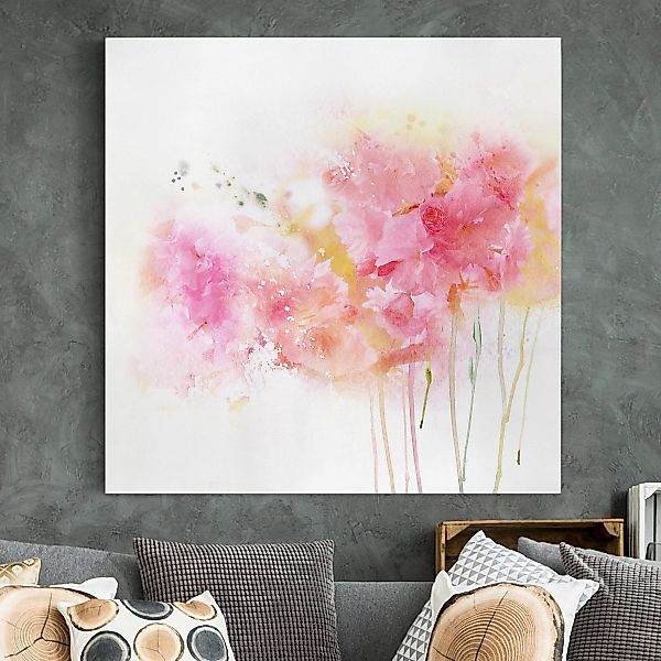 Leinwandbild - Quadrat Aquarell Blumen Pfingstrosen günstig online kaufen