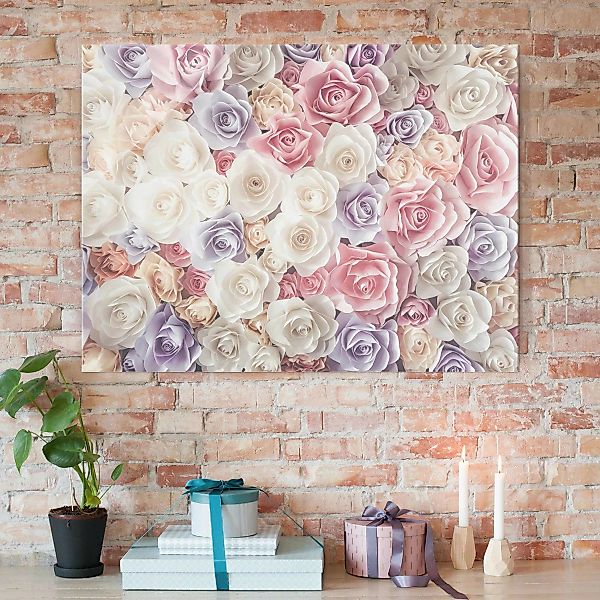Glasbild Blumen - Querformat Pastell Paper Art Rosen günstig online kaufen