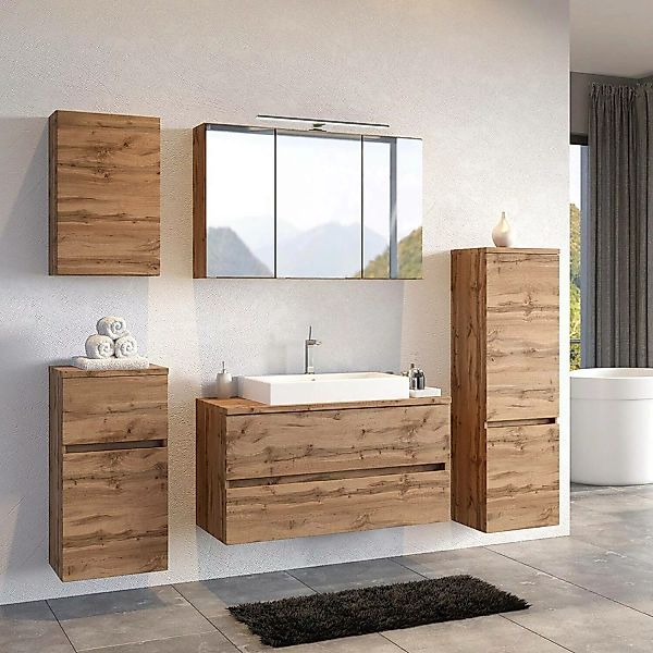 Badmöbel Set PESARO-03 mit LED Spiegelschrank und Waschbecken in Wotan Eich günstig online kaufen