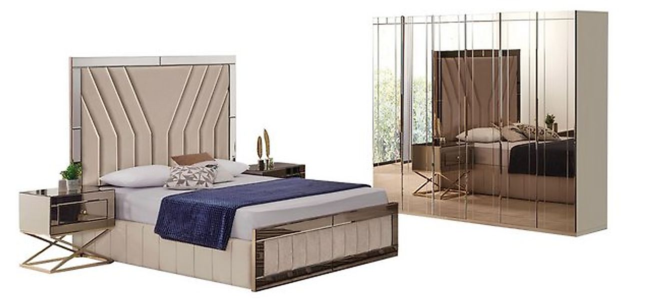 JVmoebel Bett Komplettes Beiges Schlafzimmer Set Designer Bett Nachttische günstig online kaufen