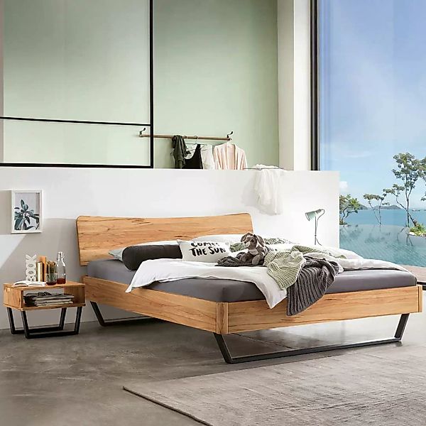 Breites Bett 140x200 cm aus Wildbuche Massivholz Stahl günstig online kaufen