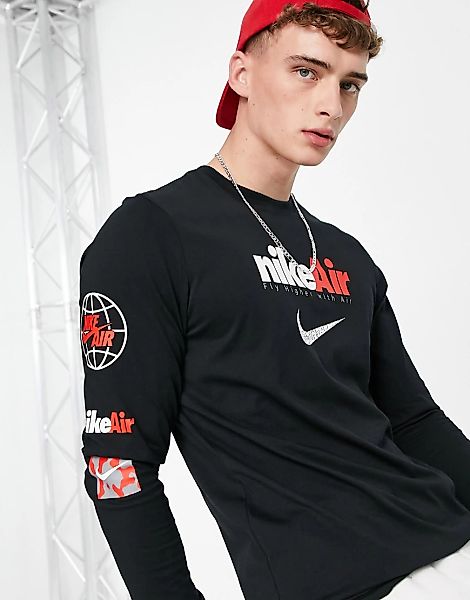 Nike – Air – Shirt in Schwarz mit langen, bedruckten Ärmeln günstig online kaufen