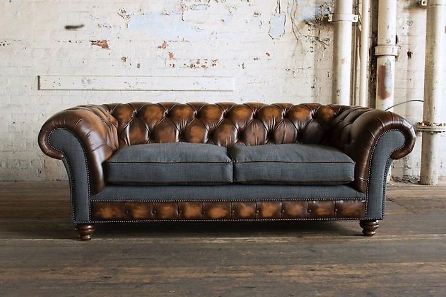 JVmoebel Chesterfield-Sofa Chesterfield Klassische Braun Leder Textil Couch günstig online kaufen