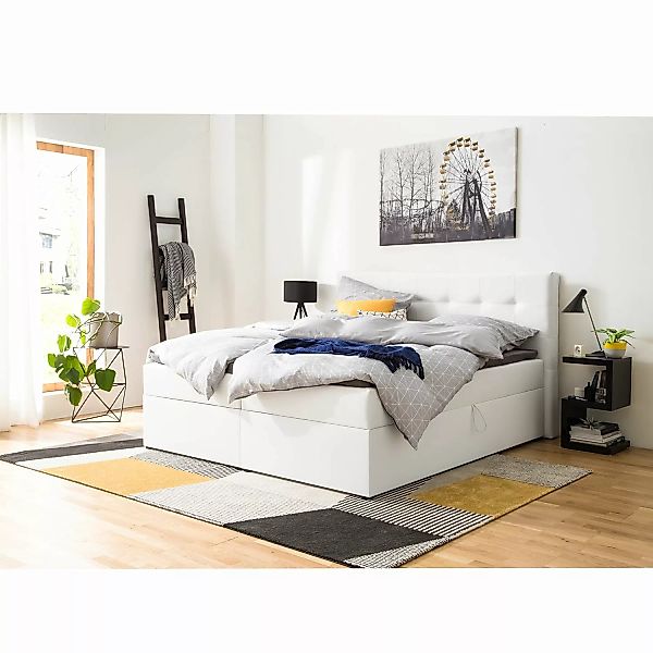 home24 Polsterbett KiYDOO IV 180x200 cm Kunstleder Weiß mit Bettkästen/Matr günstig online kaufen