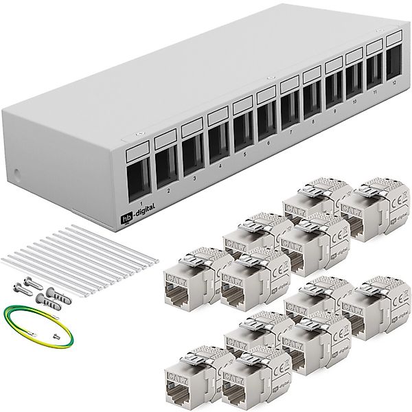 hb-digital Patch Panel 12 Port mit 12x Keystone Module Cat 7 Hellgrau günstig online kaufen