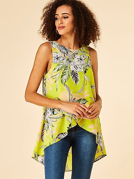 YOINS Limette Blumendruck Ärmellose Bluse mit rundem Halsausschnitt günstig online kaufen
