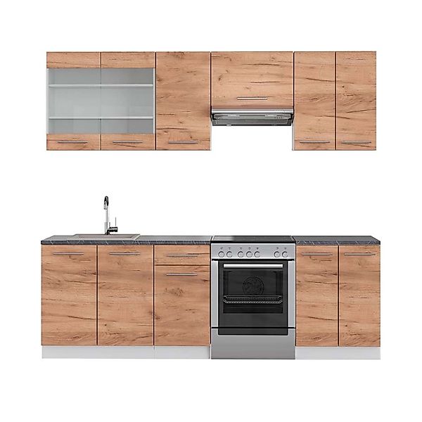 Vicco Fame-Line Küchenzeile Goldkraft Eiche/Weiß 240 cm AP Anthrazit ohne E günstig online kaufen