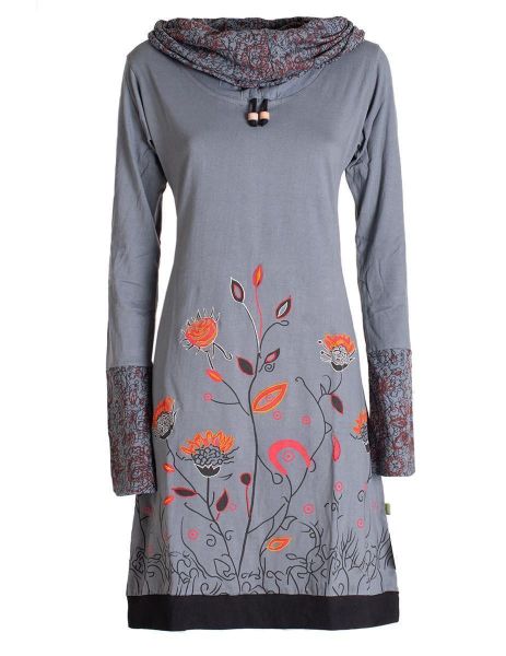 Vishes Jerseykleid Blumen-Kleid Langarm-Shirtkleid Schal-Kragen Baumwolle günstig online kaufen