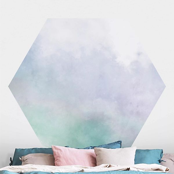 Hexagon Mustertapete Aquarellstruktur Symbiose Blau Grün günstig online kaufen