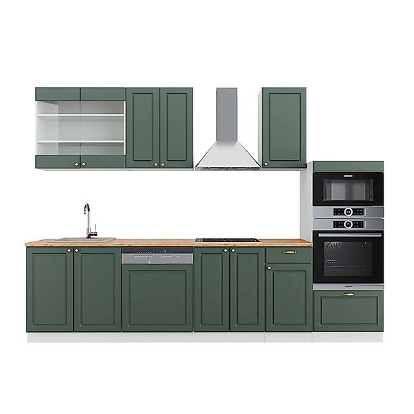 Vicco Fame-Line Küchenzeile Grün-Gold Landhaus/Weiß 300 cm mit HochschrankA günstig online kaufen
