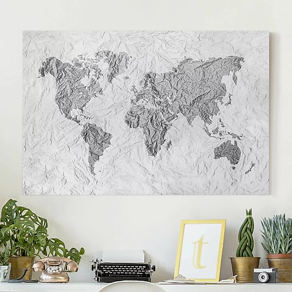 Leinwandbild Weltkarte - Querformat Papier Weltkarte Weiß Grau günstig online kaufen