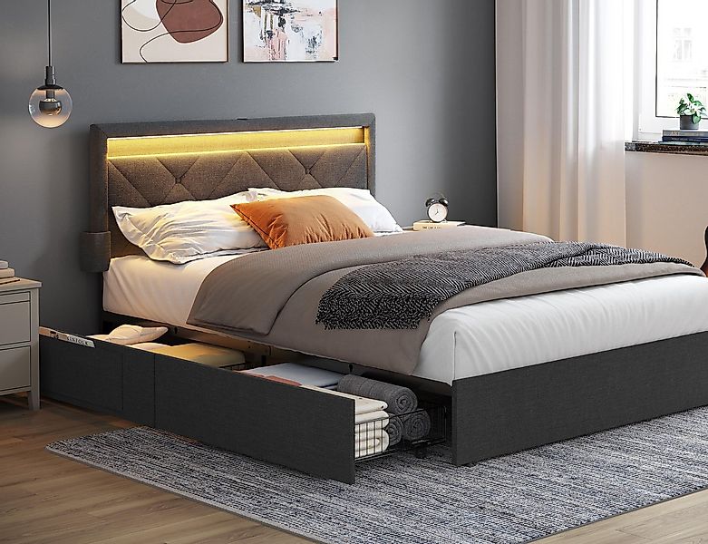 VASAGLE Polsterbett (140 x 200 cm, 4 Schubladen, verstellbares gepolstertes günstig online kaufen