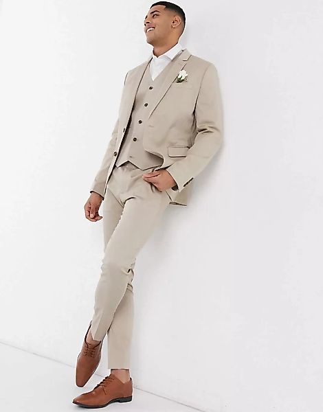 ASOS DESIGN Wedding – Superenge Anzughose aus Baumwolle in Stein-Neutral günstig online kaufen
