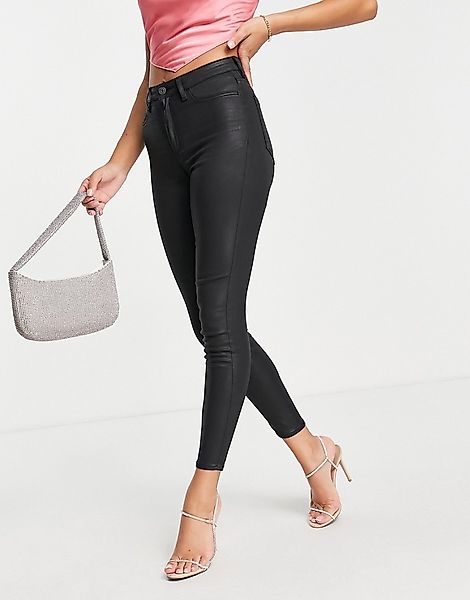 ASOS DESIGN – Ridley – Enge Jeans mit hoher Taille in Schwarz beschichtet günstig online kaufen